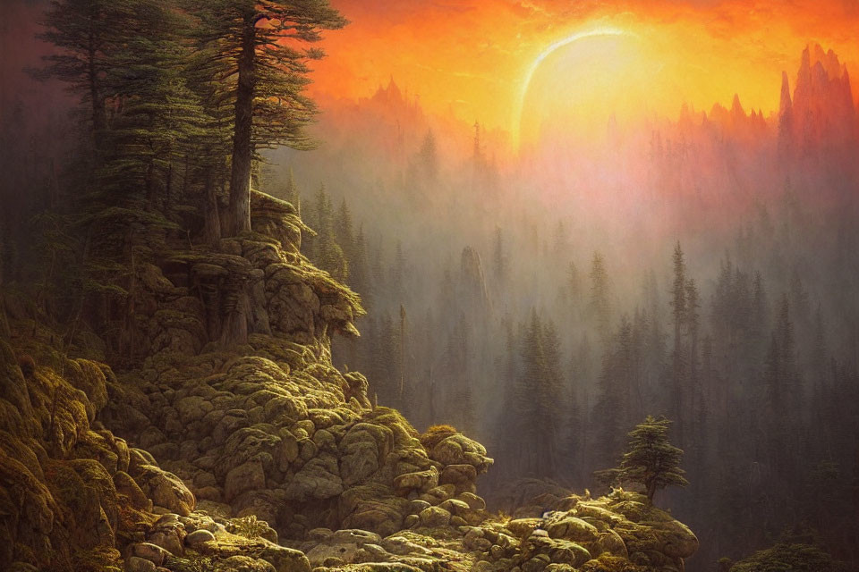 Majestic forest scene with mossy rocks and sunset glow