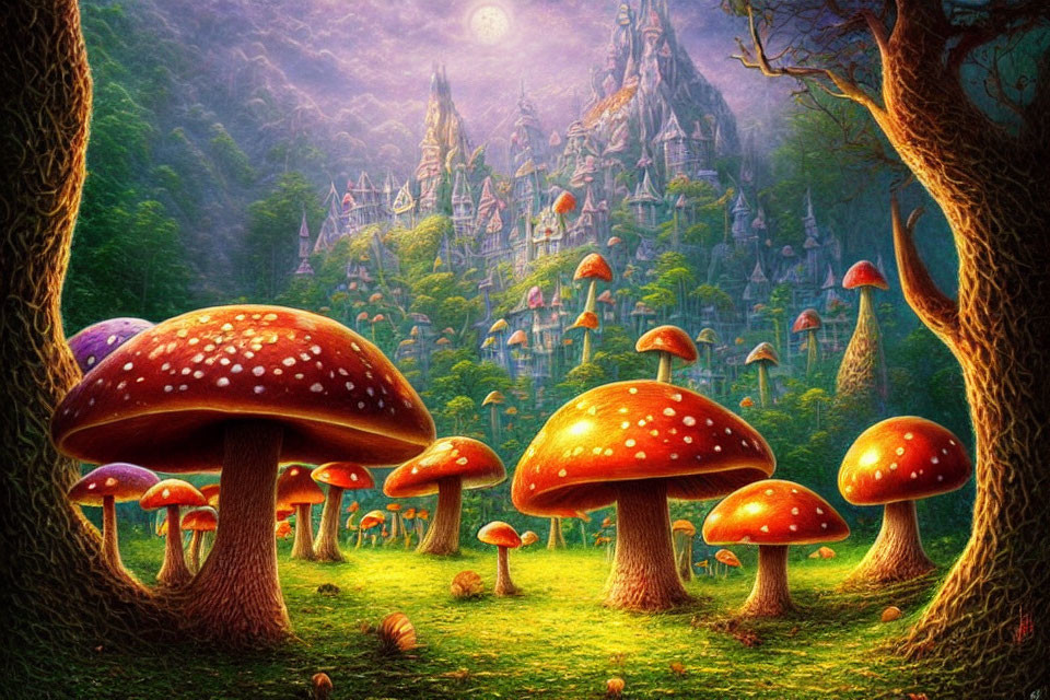 Fantasy landscape with oversized mushrooms and enchanting castle