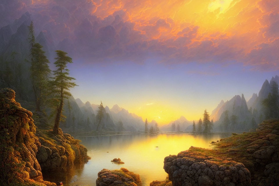 Tranquil sunrise over lake with pine trees and mountain peaks