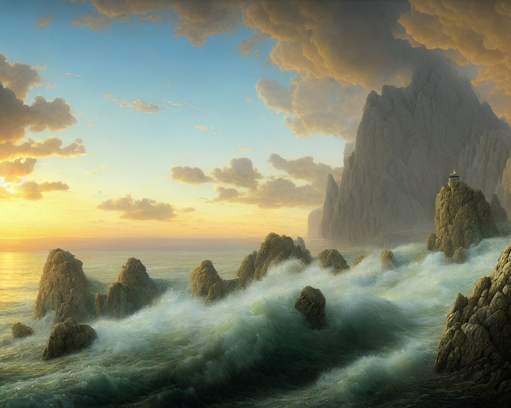 Dramatic seascape: waves, cliffs, warm sunset