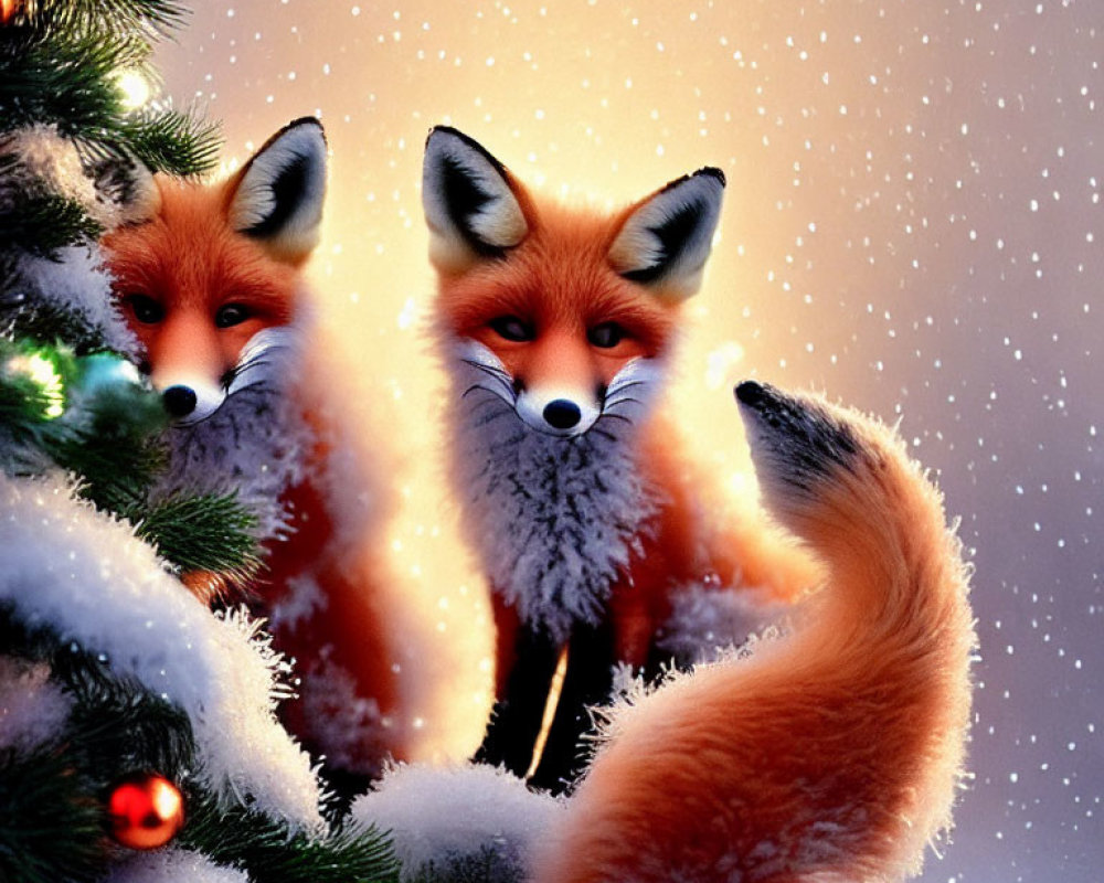 Illustrated red foxes in Christmas tree scene with falling snowflakes