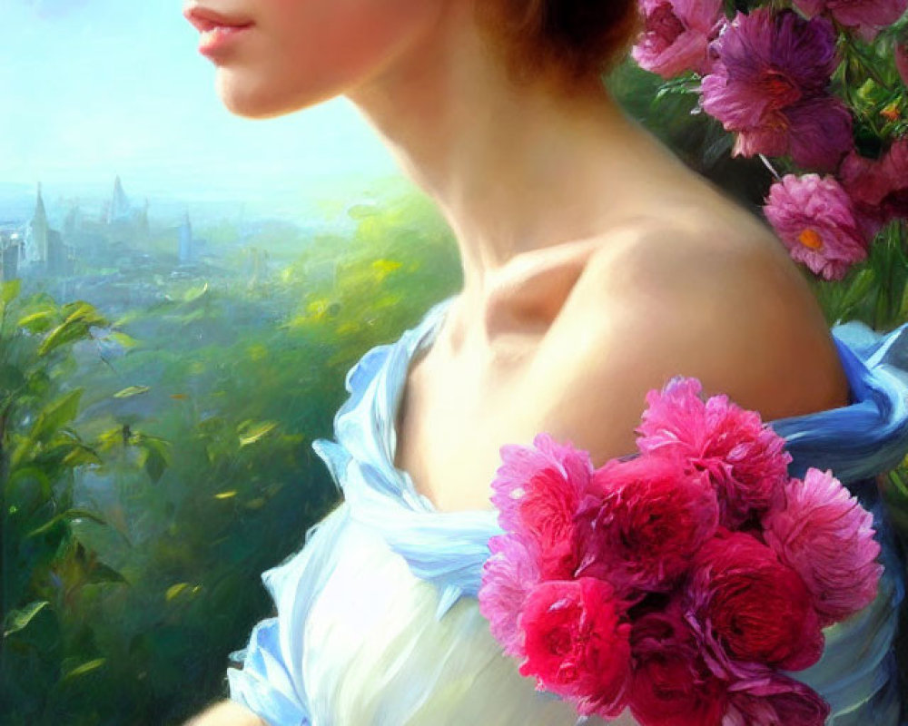 Woman in blue dress with pink flowers surrounded by lush flora and soft-lit landscape