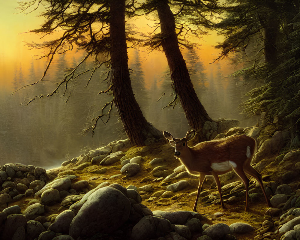 Tranquil forest landscape with deer, tall trees, stones, and sunrise