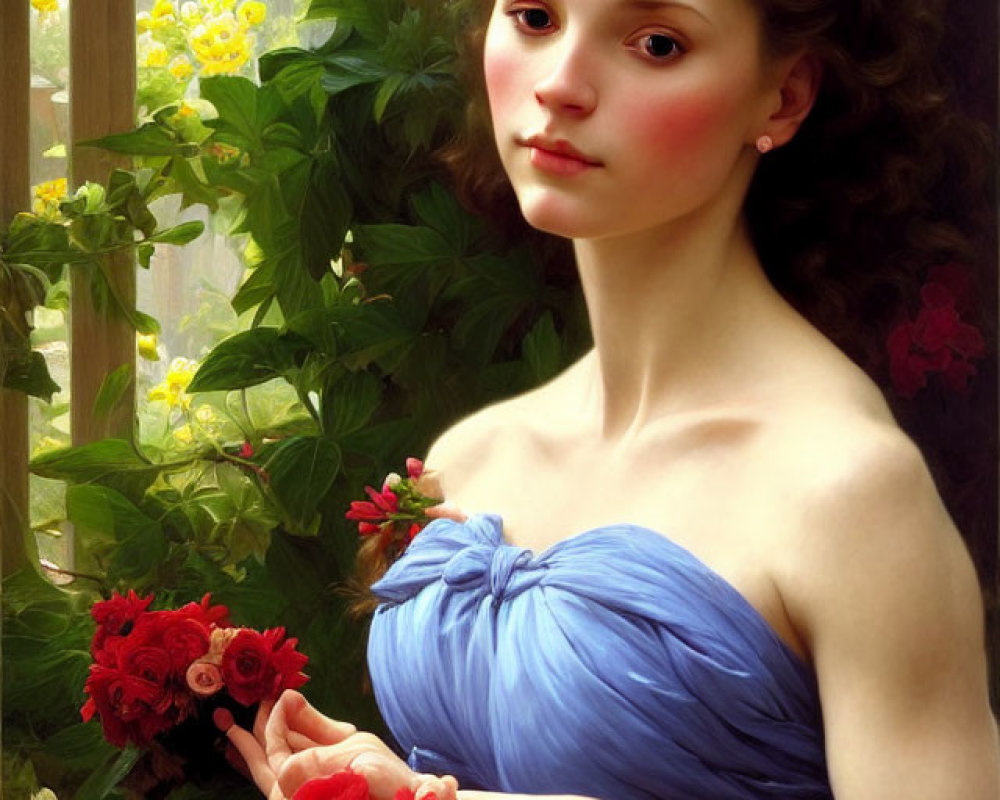 Young woman in blue dress holding red flowers by window with greenery and cityscape.