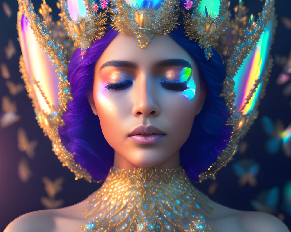 Digital art portrait of woman with blue and purple hair, wearing elaborate gold headdress with luminous jewels