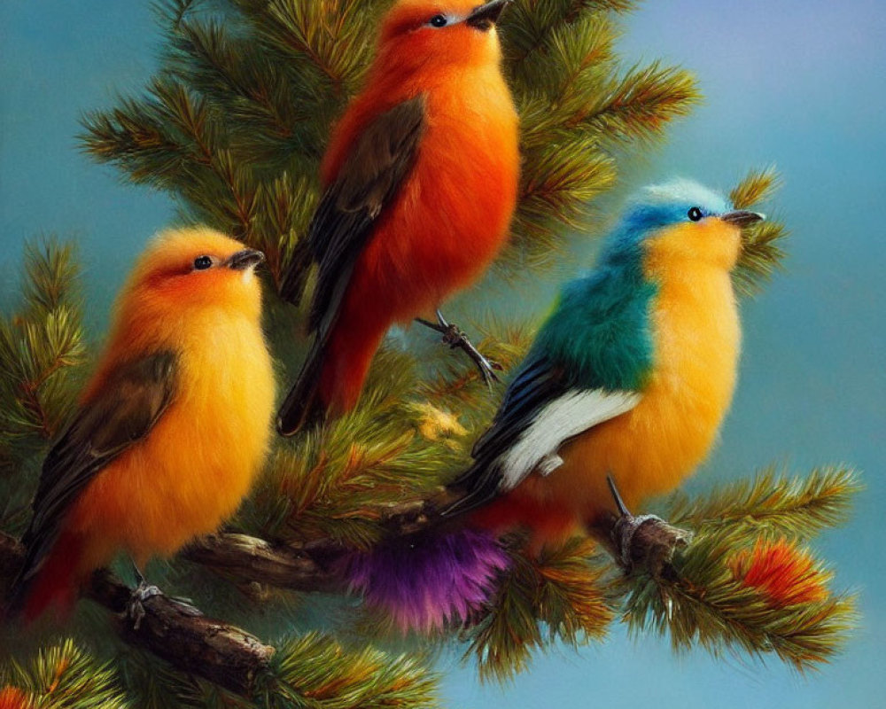 Three Vibrantly Colored Birds Perched on Pine Branch