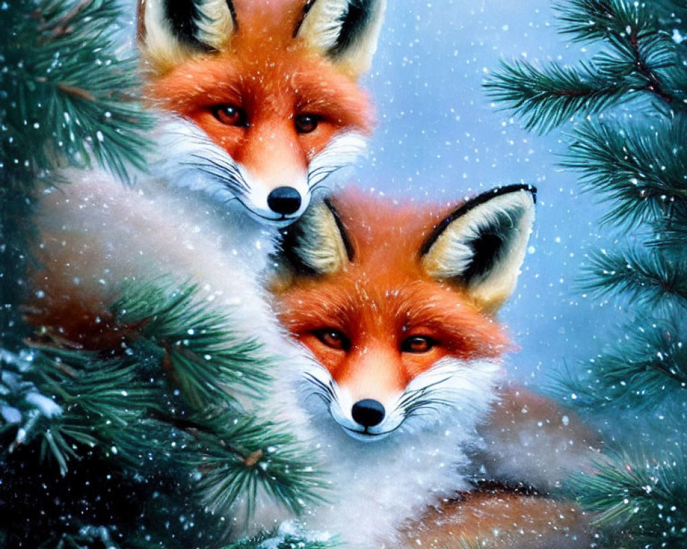 Pair of red foxes in snowy forest with falling snowflakes