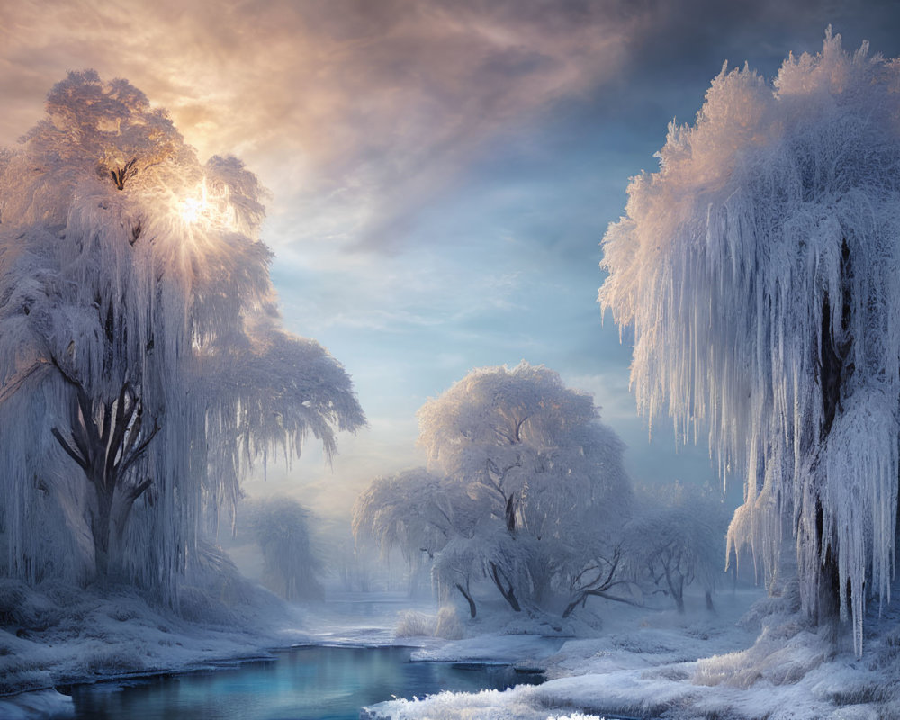 Tranquil winter landscape with frost-covered trees and sunlit skies