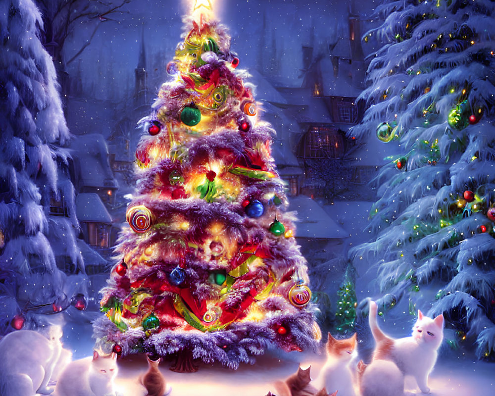 Colorful Christmas Tree with Ornaments and Kittens in Snowy Scene