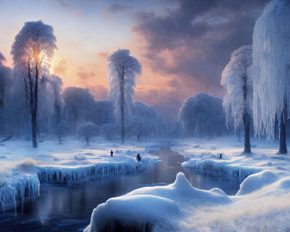 Snow-covered trees and river in serene winter scene