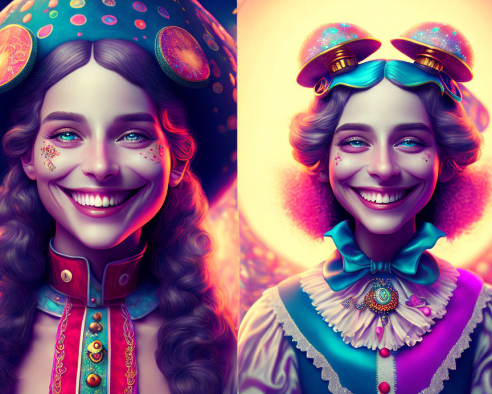 Colorful digital portraits of a woman in fantasy outfits with galaxy-themed headgear.