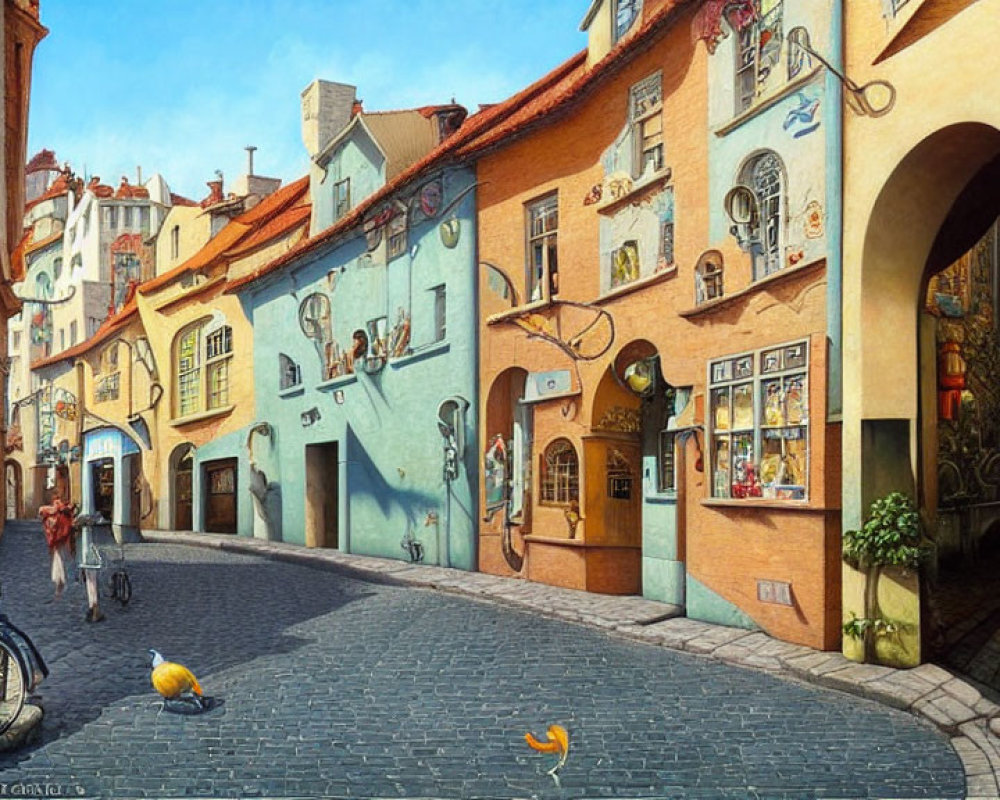 Vibrant European cobblestone street painting with charming buildings and pedestrians