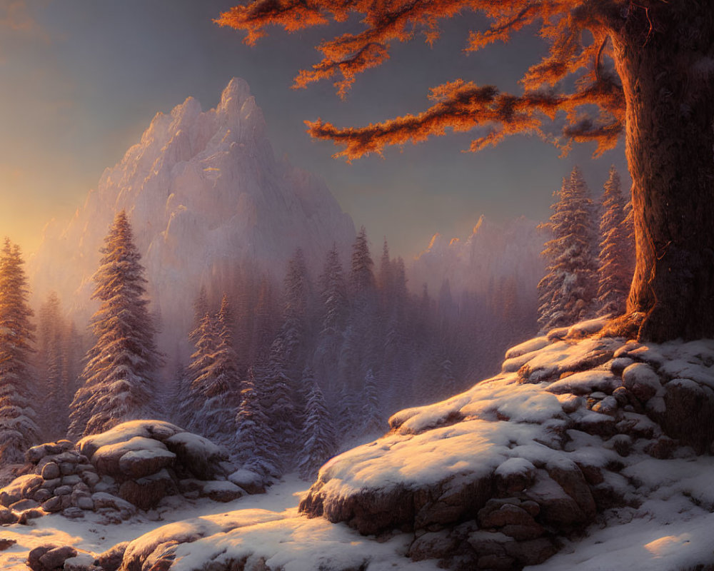 Snowy Sunset Landscape with Evergreen Trees and Autumnal Tree