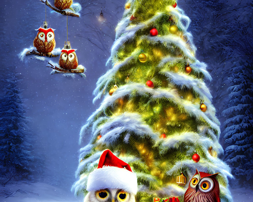 Decorated Christmas tree with snow-covered gifts and festive owls