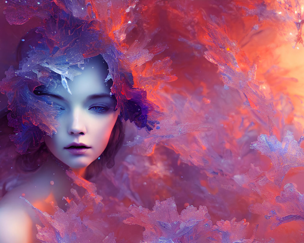 Fantasy image of woman with icy blue and purple foliage in hair.