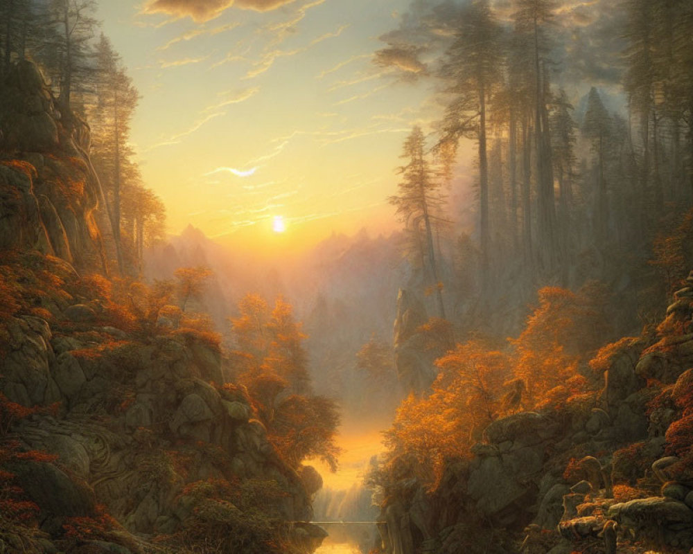 Tranquil forest sunrise with golden light, autumn leaves, and distant waterfall.