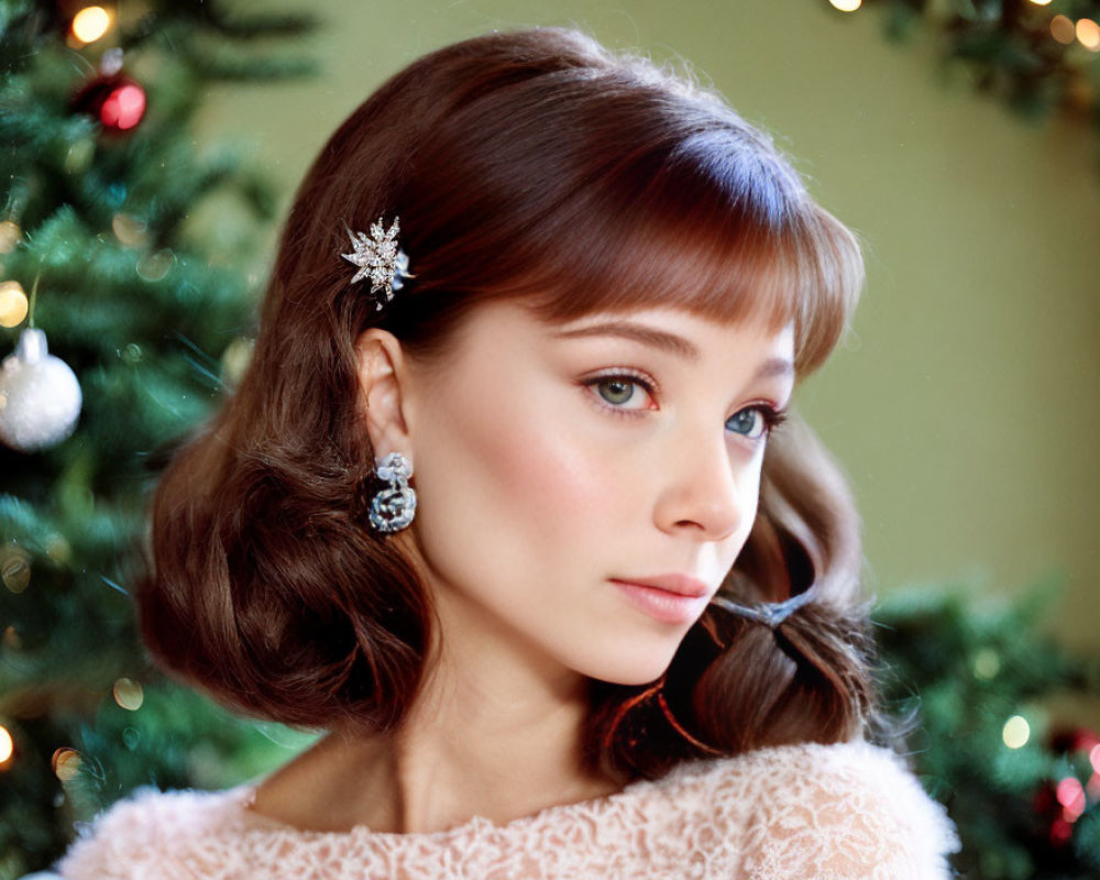 Woman with Snowflake Earring and Styled Hair by Christmas Tree