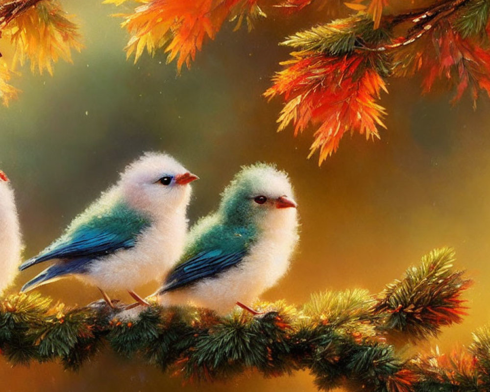 Fluffy blue-winged birds on pine branch with autumn leaves