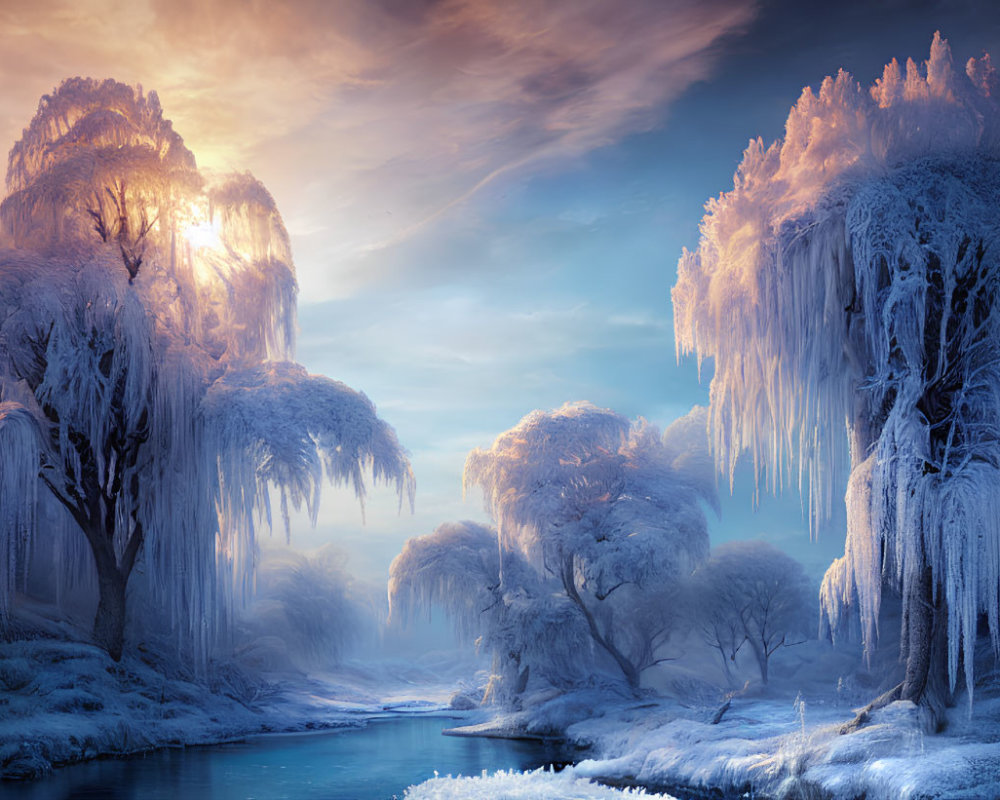 Tranquil winter landscape with icy trees, river, and warm sunlight