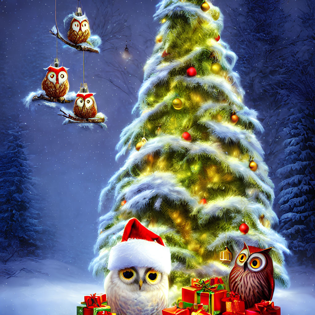 Decorated Christmas tree with snow-covered gifts and festive owls