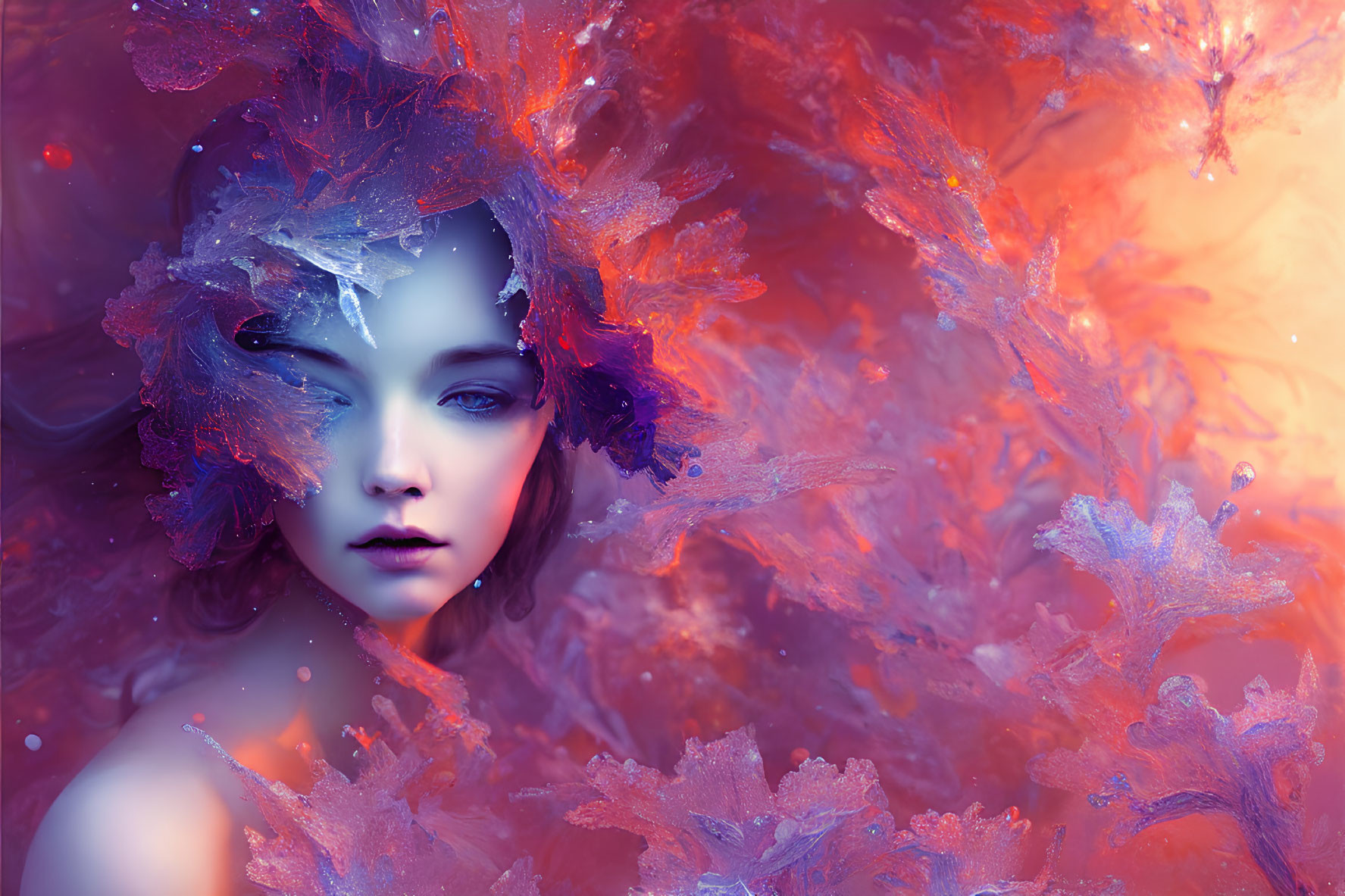 Fantasy image of woman with icy blue and purple foliage in hair.