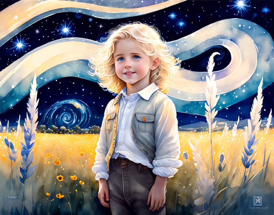 Portrait of a young child with curly blond hair in a whimsical night sky.