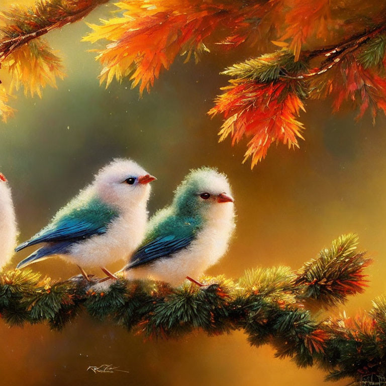 Fluffy blue-winged birds on pine branch with autumn leaves