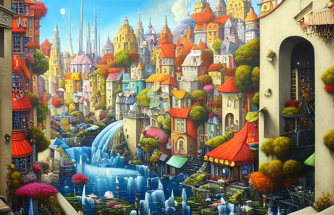 Colorful Cityscape with Waterways, Bridges, and Whimsical Details