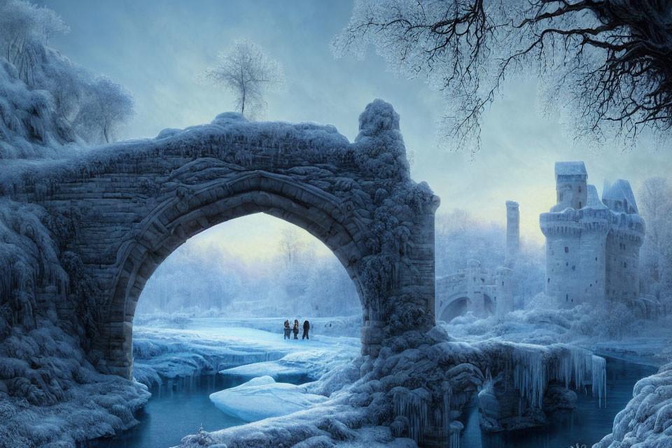 Snowy Winter Scene: People Walking Under Stone Bridge by Frozen River