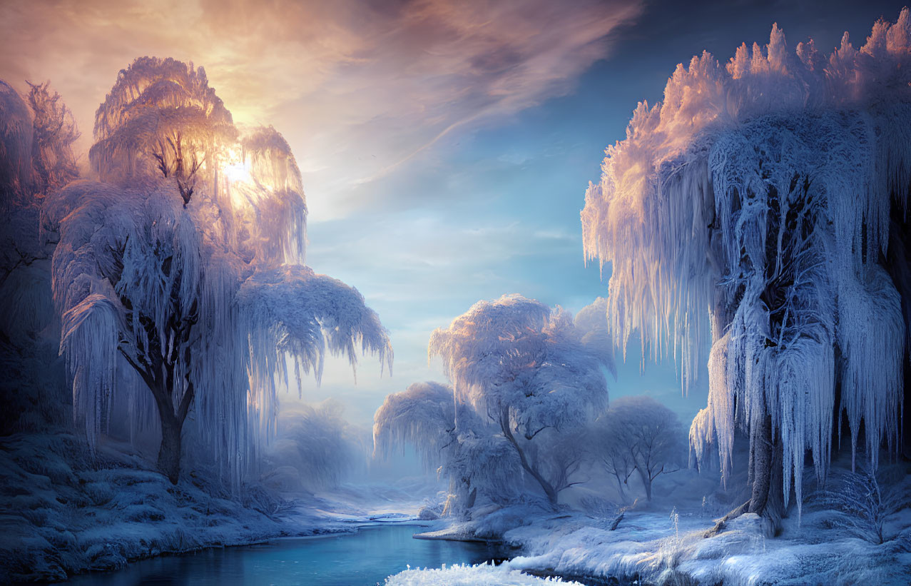 Tranquil winter landscape with icy trees, river, and warm sunlight