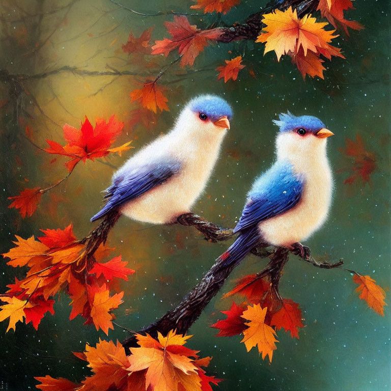 Stylized blue and white birds on branch with autumn leaves