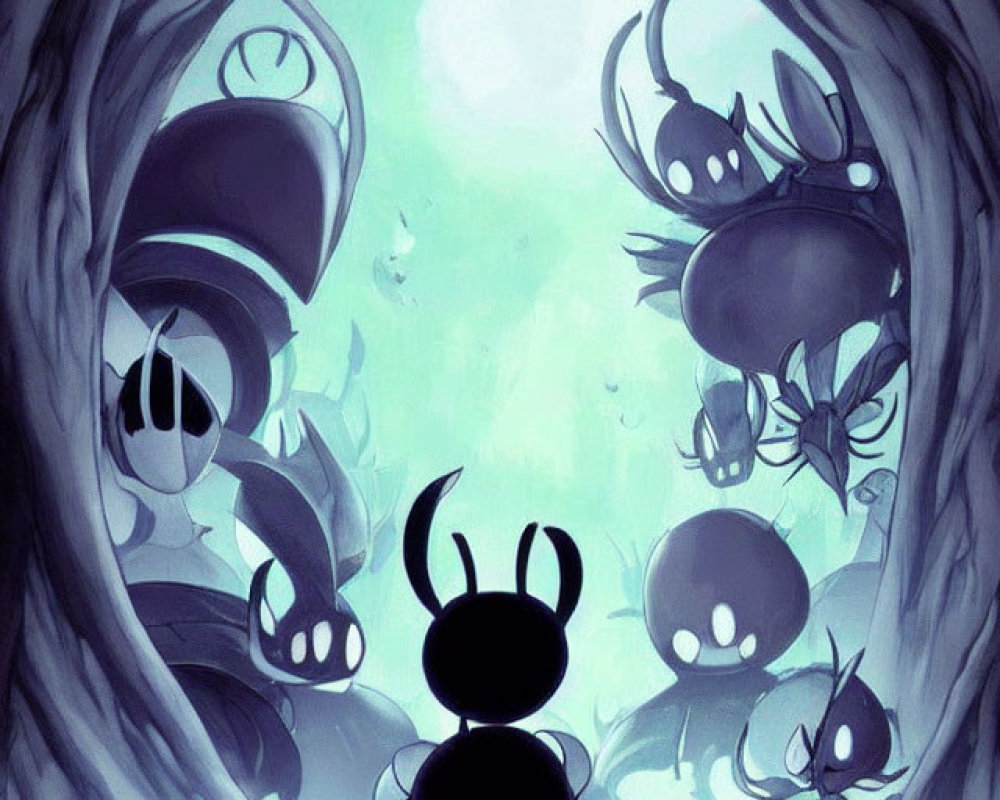 Stylized illustration of black insect-like creatures with white masks around circular opening on teal background