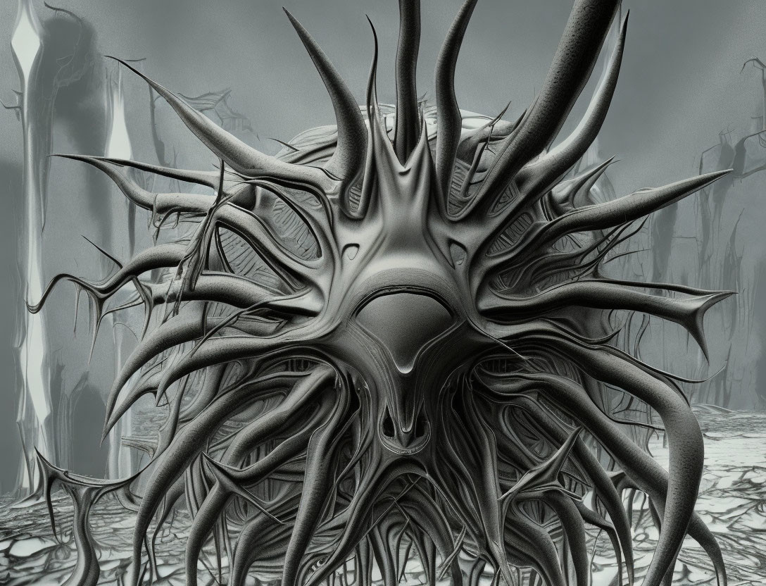 Surreal monochrome digital art: spiky entity with tentacle-like extensions in desolate