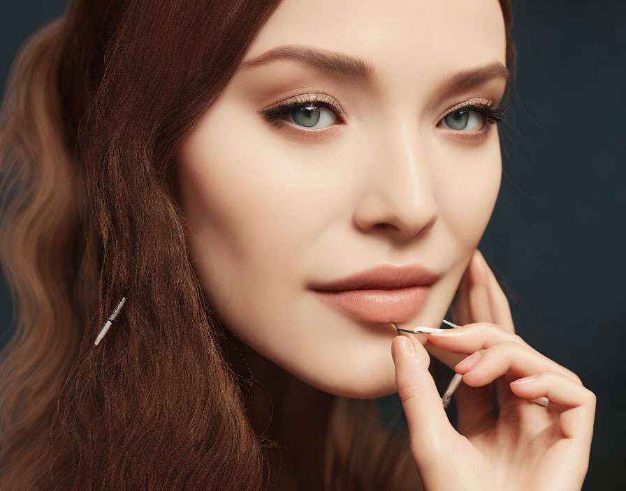 Detailed close-up portrait of woman with long brown hair and hairpin against dark background