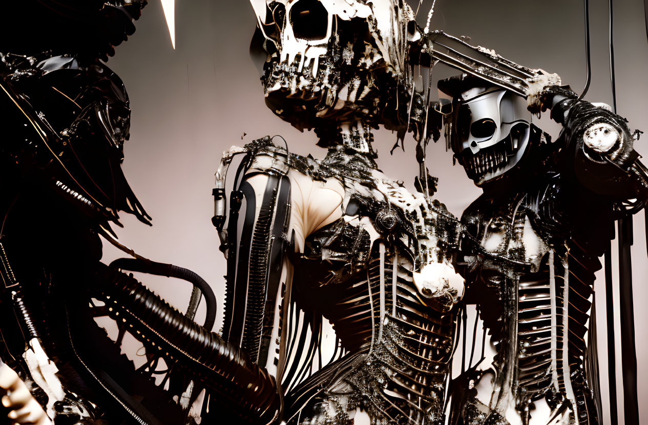 Intricate skeletal robotic figures with visible hydraulics and wires posed dramatically