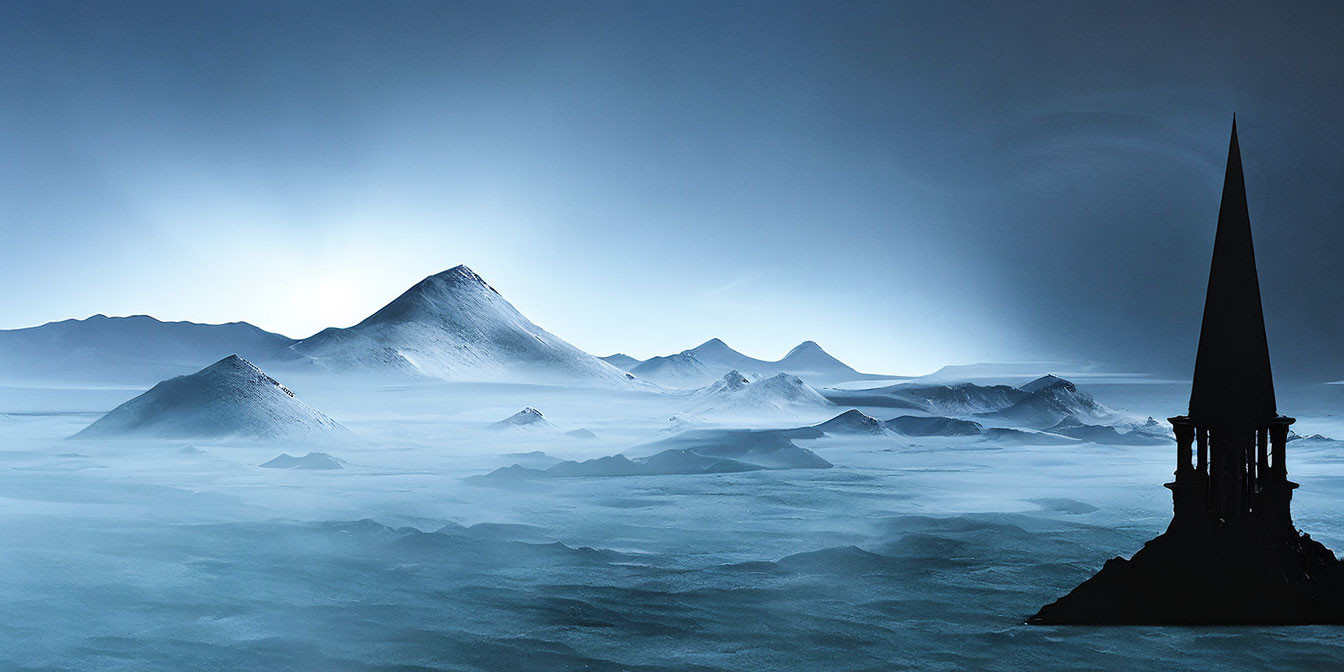 Blue-toned landscape with mist-covered mountains and a solitary spire.