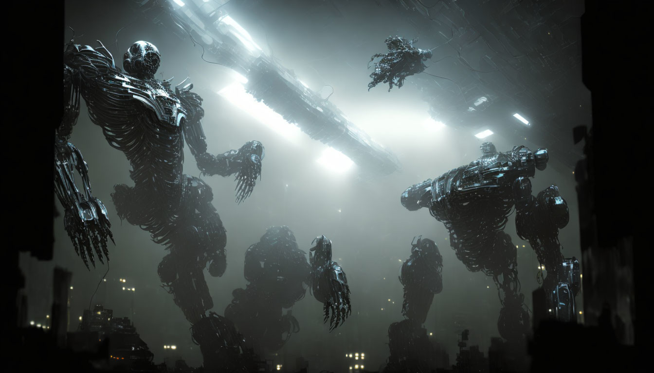 Large Robotic Figures Illuminated in Dark Dystopian Setting