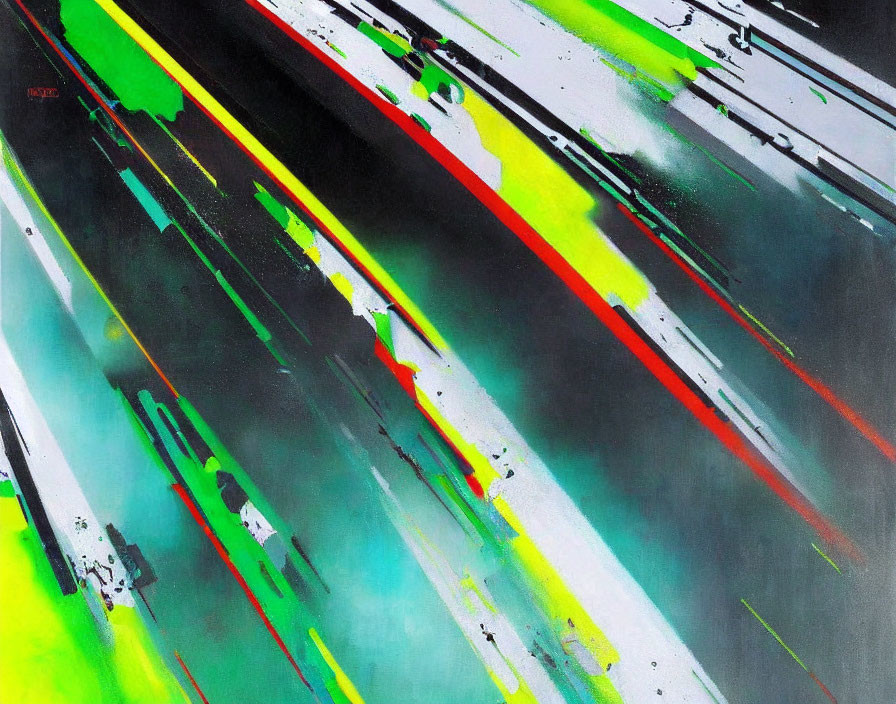 Abstract Painting with Dynamic Black, White, Green, and Red Streaks