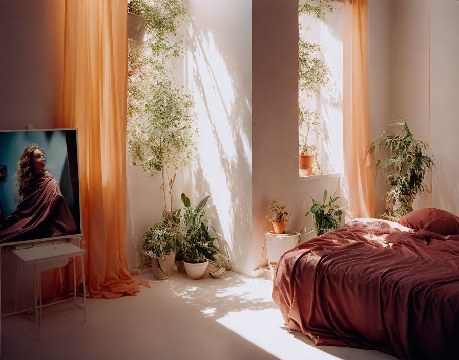 Cozy Bedroom with Terracotta Sheets and Green Plants