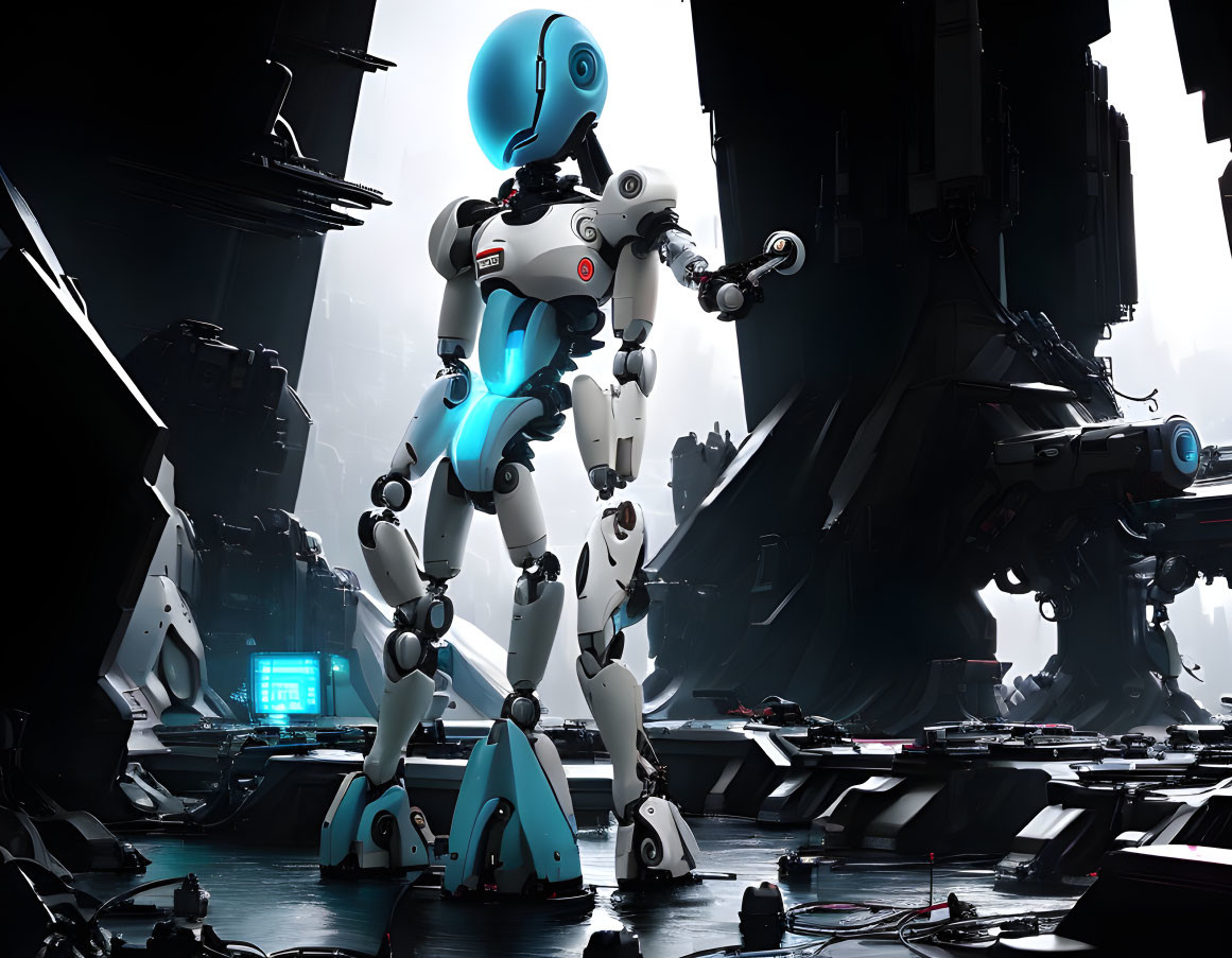 Futuristic humanoid robot with blue accents in high-tech facility