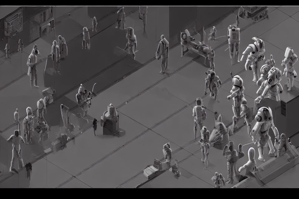 Monochrome futuristic scene with robots and humans on grid floor