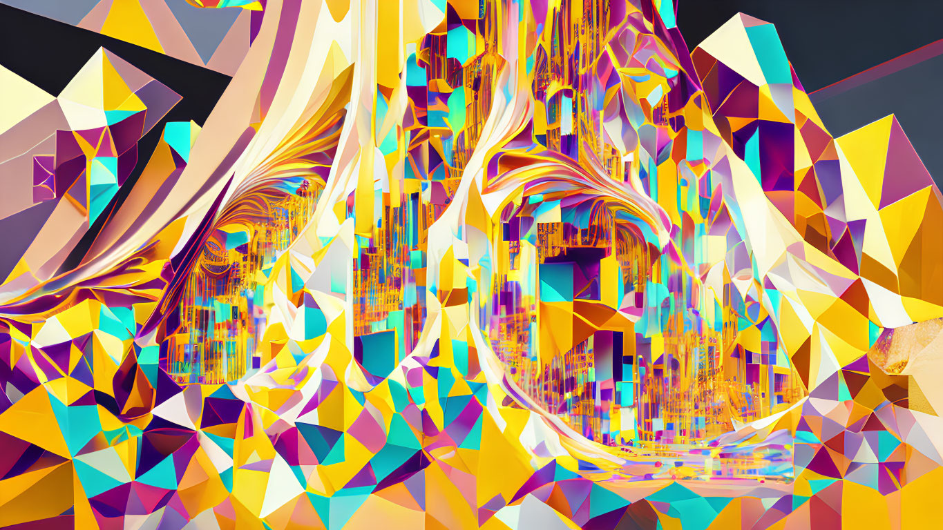 Colorful Abstract Digital Art with Flowing Shapes and Geometric Patterns