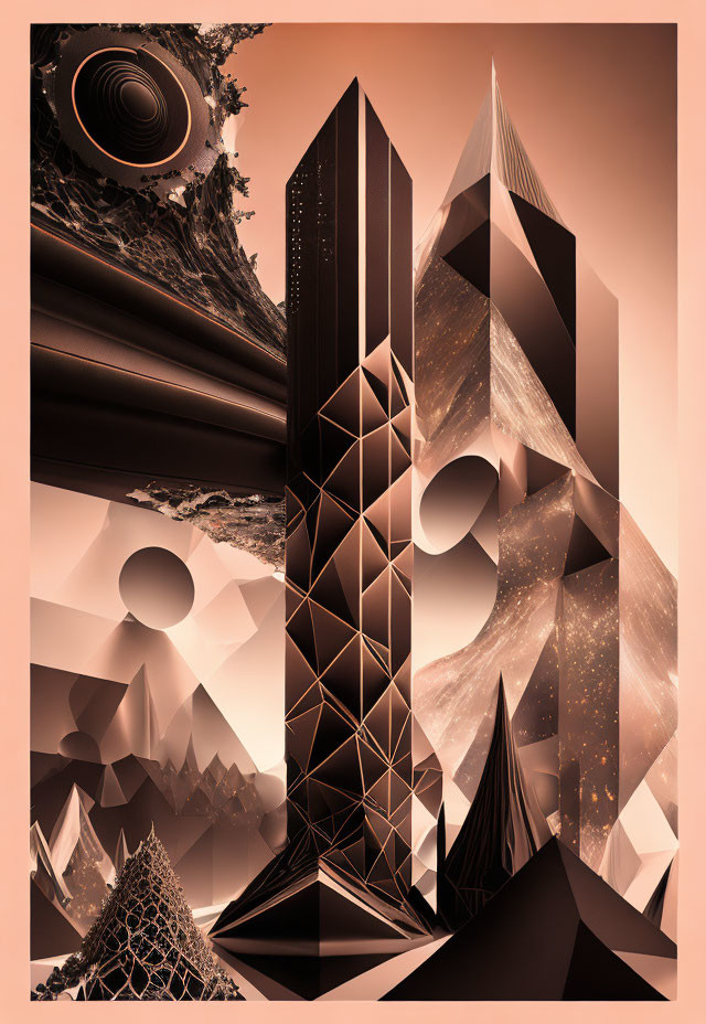 Abstract sepia-toned artwork with geometric shapes and futuristic buildings.