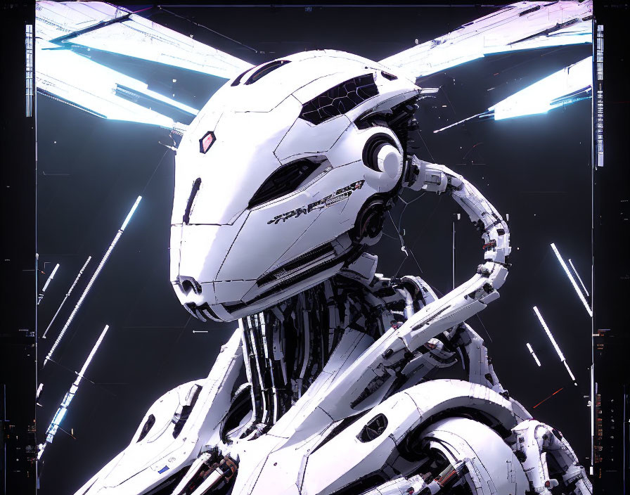 Detailed white armored robotic head with intricate mechanical neck structures in bright light streaks