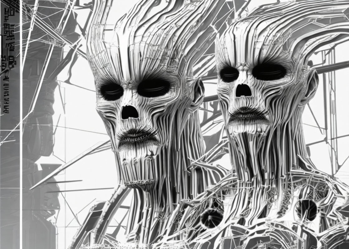 Monochrome digital artwork of skeletal cyborg faces with wiring on industrial backdrop