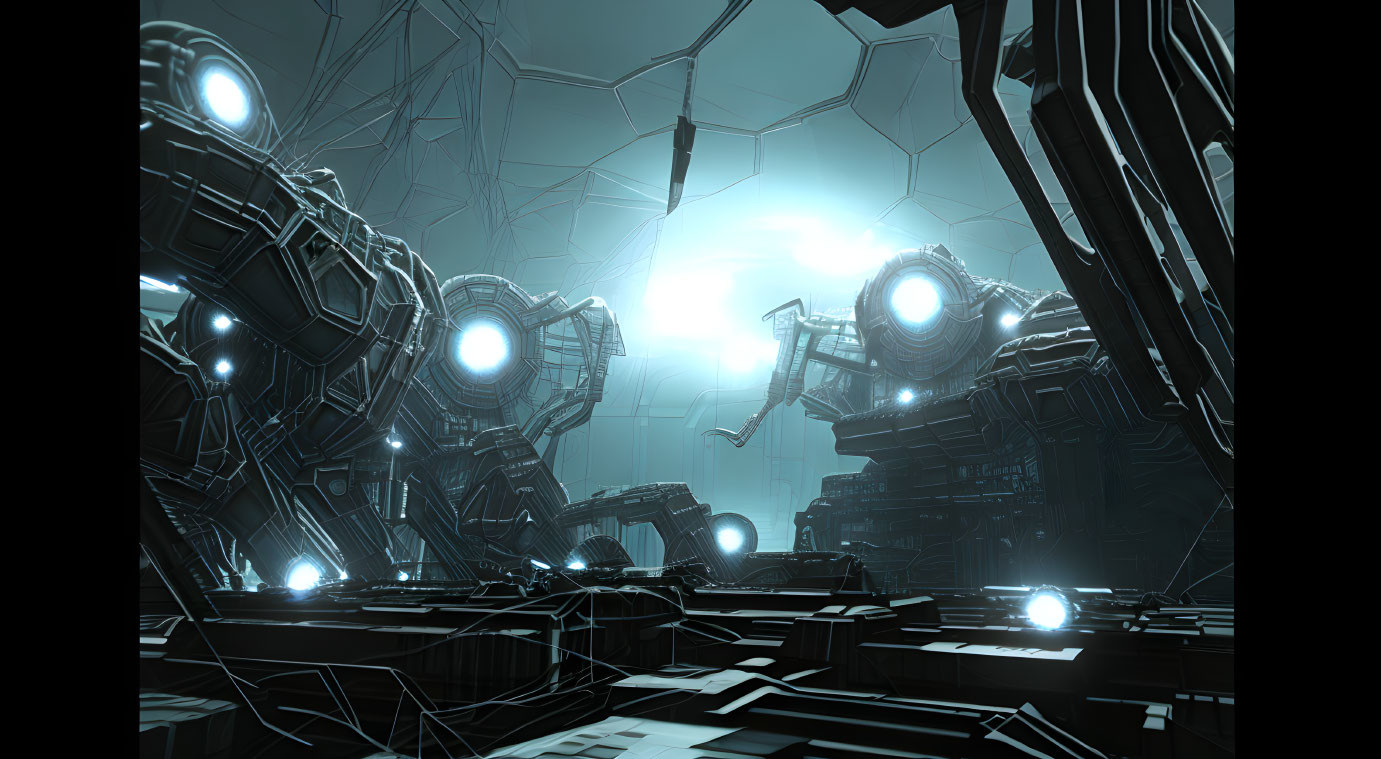 Futuristic scene with advanced machinery and glowing blue cores in hexagonal chamber