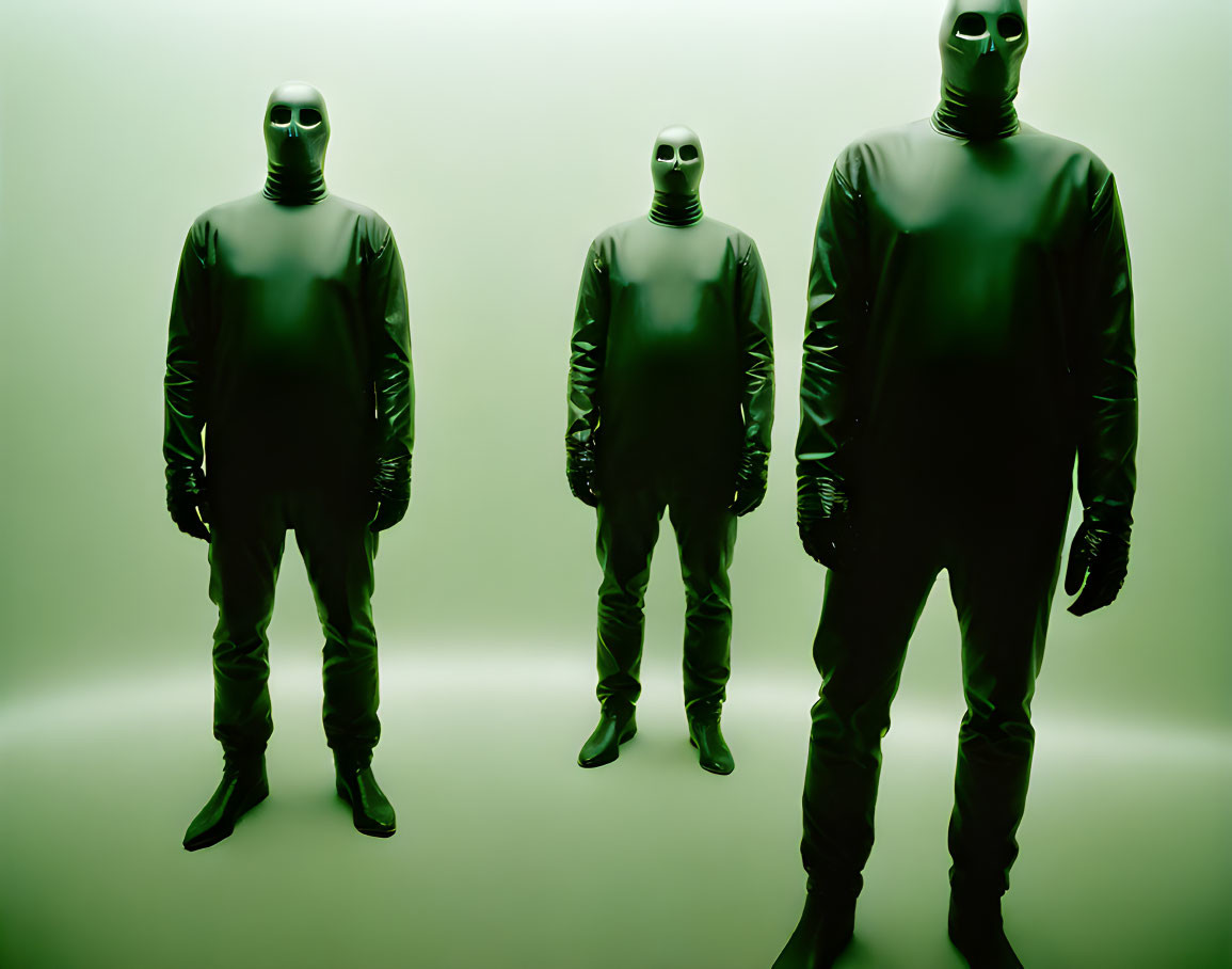 Three people in green morph suits on green background: eerie monochromatic image