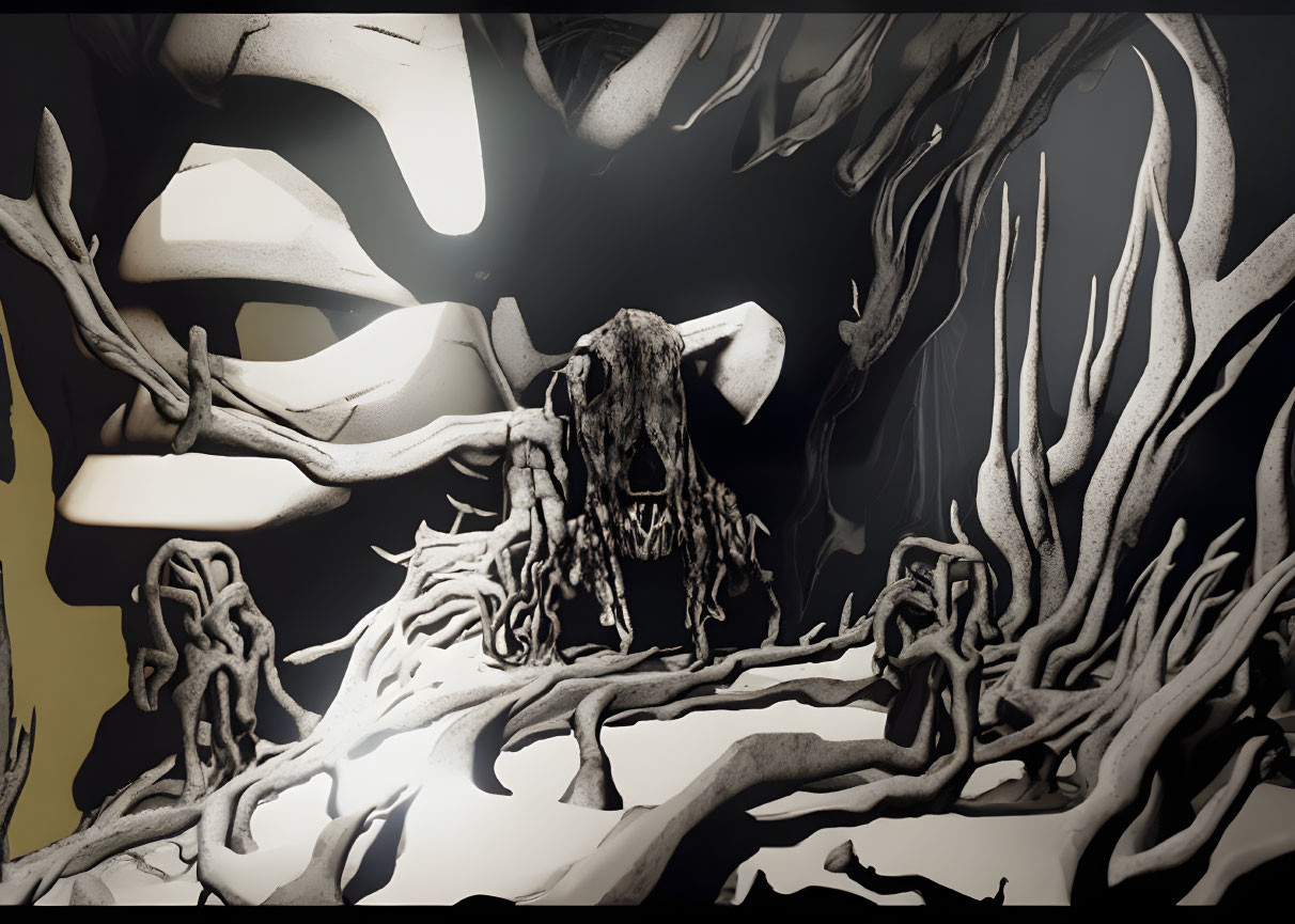 Monochrome landscape with twisted roots, bones, and spectral creature