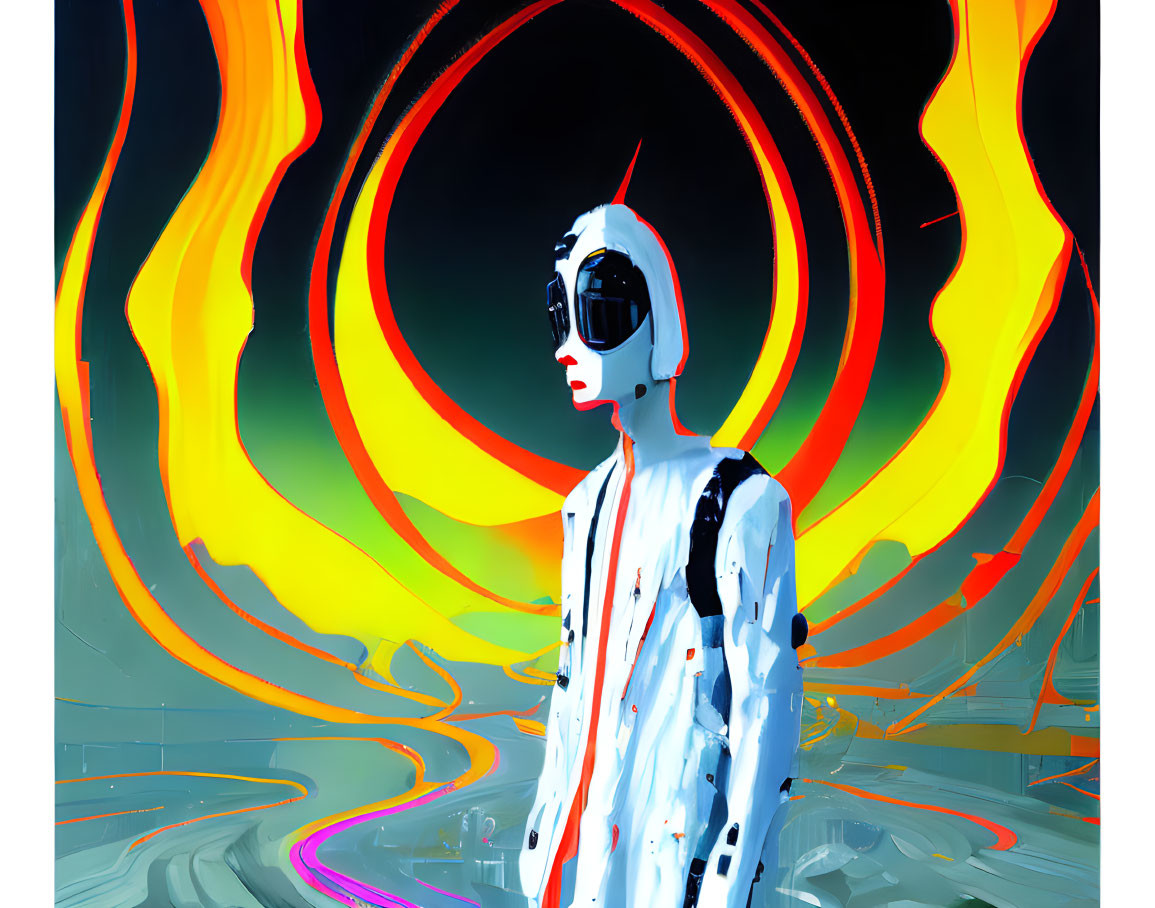 Stylized figure in white with black splatters against neon waves
