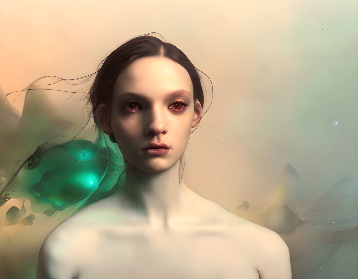 Digital portrait of a person with neutral expression and flowing hair against a moody backdrop with green ethereal